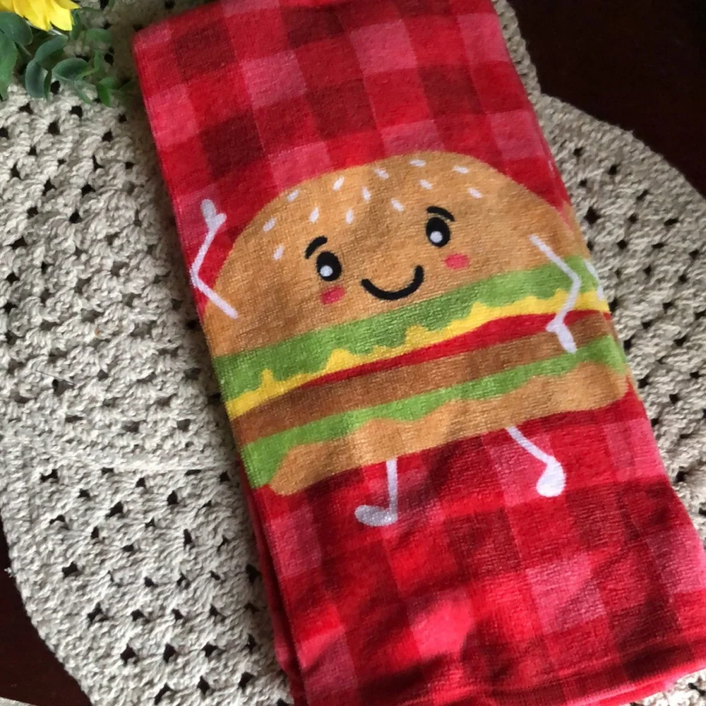 Cute Dancing Burger Kitchen Towel Set - Red Plaid
